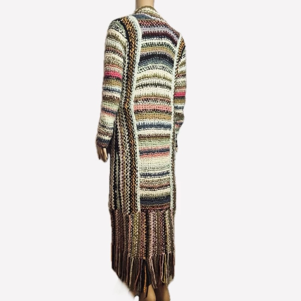 Free People T Party Cardigan Duster Multi Color Knit Fringe Coat of Many Colors - Picture 8 of 9